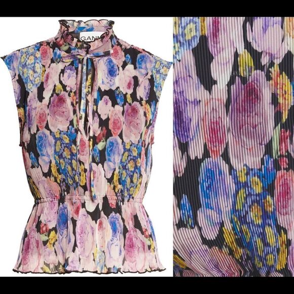 GANNI Pleated Georgette Neck Tie Blouse Top in Multicolor - Picture 4 of 10